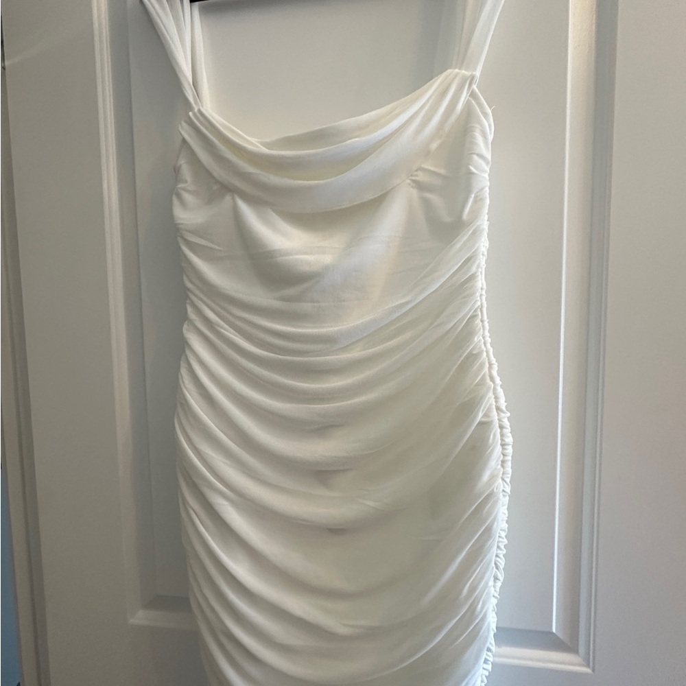 White Ruched Off-Shoulder Dress